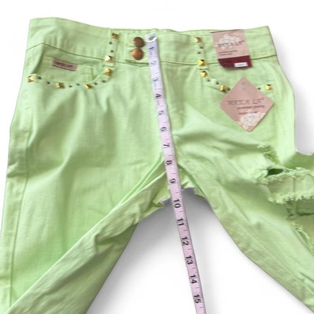 Y2K Neon Geeen Low Rise Studded Ripped Flare Jeans - Picture 7 of 8